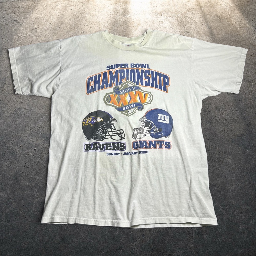 Vintage True Fan Super Bowl XXXV Ravens vs Giants T-Shirt Y2K Size XL White